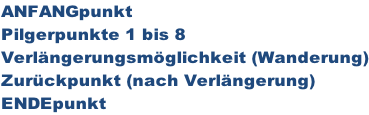 ANFANGpunkt Pilgerpunkte 1 bis 8 Verlängerungsmöglichkeit (Wanderung) Zurückpunkt (nach Verlängerung) ENDEpunkt