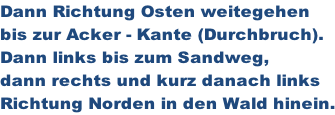 Dann Richtung Osten weitegehen  bis zur Acker - Kante (Durchbruch). Dann links bis zum Sandweg,  dann rechts und kurz danach links  Richtung Norden in den Wald hinein.