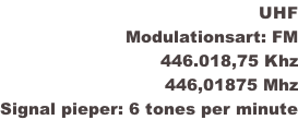 UHF Modulationsart: FM 446.018,75 Khz 446,01875 Mhz Signal pieper: 6 tones per minute